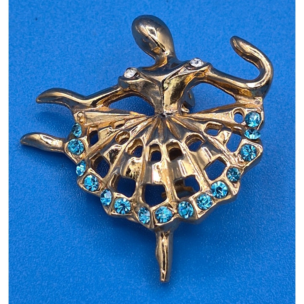 Vintage Ballerina Brooch Gold Tone Blue Rhinestone Dancer Pin Figurative Jewelry